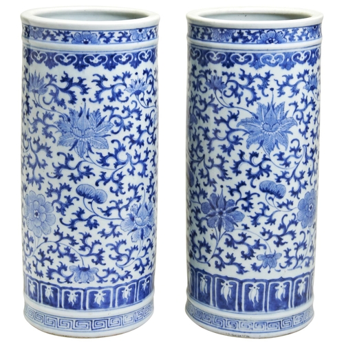 126 - A PAIR OF BLUE & WHITE CYLINDER VASESLATE QING DYNASTYdecorated in the Ming-style with lotus blo... 