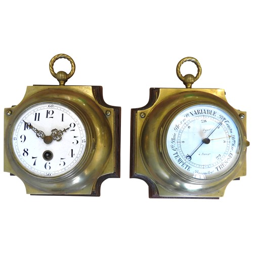 106 - A MATCHING 19TH CENTURY FRENCH WALL CLOCK AND BAROMETER, both with enamel dials, the barometer dial ... 