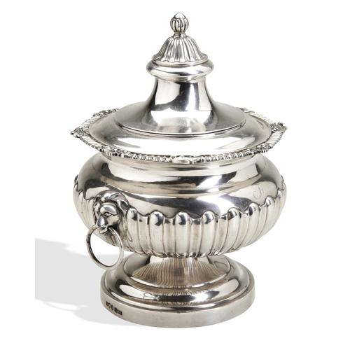 110 - A CHINESE EXPORT SILVER KULFI JAR C.1820. The half fluted body with 2 ring handles on lion mask moun... 