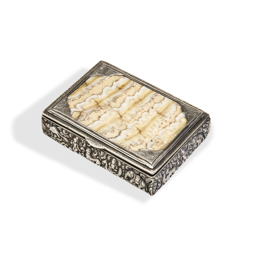 121 - SILVER AND MAMMOTH TOOTH SNUFF BOX, TRICHINOPOLY INDIA. C.1860. A silver box with lid and base made ... 