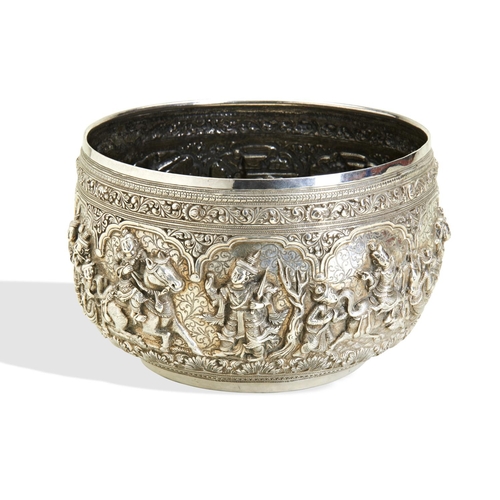 136 - A BURMESE SILVER BOWL C.1880. A deeply chased bowl of typically Burmese type. The base is engraved w... 