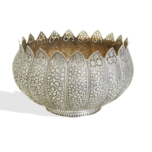 138 - A KASHMIR SILVER LOTUS SHAPED BOWL C.1880. An unusually large, heavy bowl made in Kashmir. The body ... 