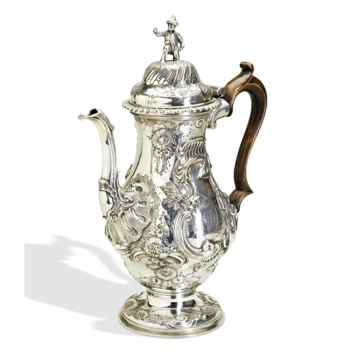 81 - A SILVER COFFEE POT, LONDON 1759. A baluster shaped, chinoiserie decorated coffee pot, London 1759 b... 