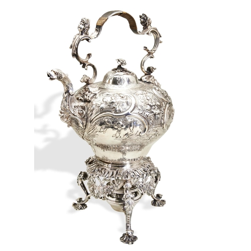 87 - A SILVER TEA KETTLE ON STAND, LONDON 1747. A classic George II tea kettle on stand with a burner. Th... 