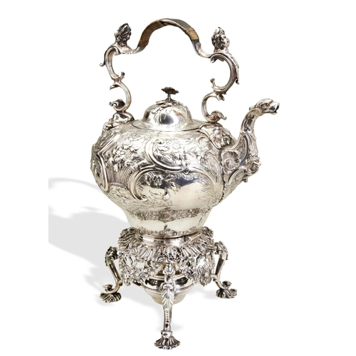 87 - A SILVER TEA KETTLE ON STAND, LONDON 1747. A classic George II tea kettle on stand with a burner. Th... 