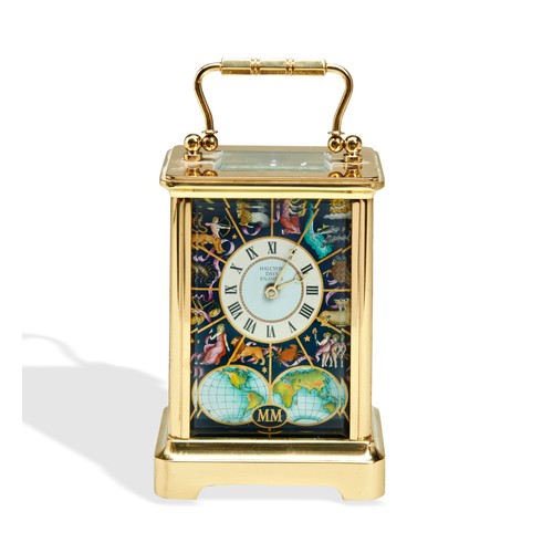 107 - A HALCYON DAYS 8-DAY ENAMEL & BRASS ZODIAC CARRIAGE CLOCK, LATE 20TH CENTURY, in a presentation ... 