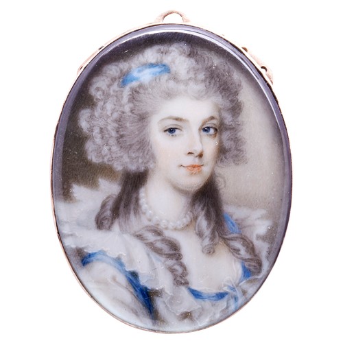 445 - ENGLISH SCHOOL, MINIATURE PORTRAIT OF A LADY, late 18th Century, with ringleted hair mounted in a ye... 