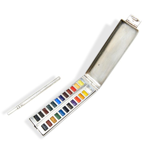 243 - A POCKET WATERCOLOUR SET IN A SILVER CASE, the hinged cover enclosing a 24 colour palette and a remo... 