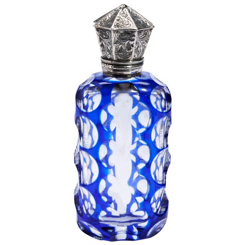 122 - A 19TH CENTURY BOHEMIAN GLASS PERFUM BOTTLE, CIRCA 1880, blue cased facet cut form, with flared octa... 