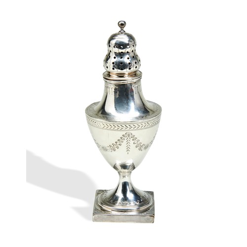 255 - A GEORGE III SILVER SUGAR SIFTER, waisted baluster form, decorated with bright cut festoons and foli... 