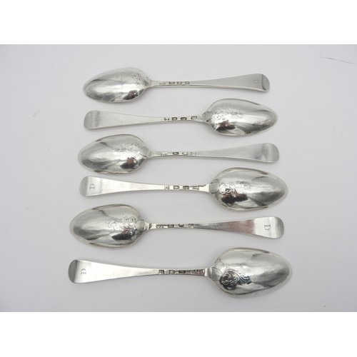 263 - A SET OF SIX GEORGE III TABLESPOONS, with scroll back bowls and initialled 'D' on the reverse of eac... 