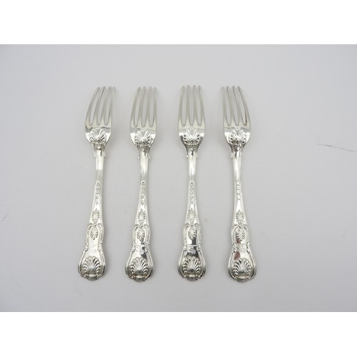 262 - A SET OF FOUR GEORGE IV SILVER KINGS PATTERN TABLE FORKS BY PAUL STORR, marked London 182020.5 cm lo... 