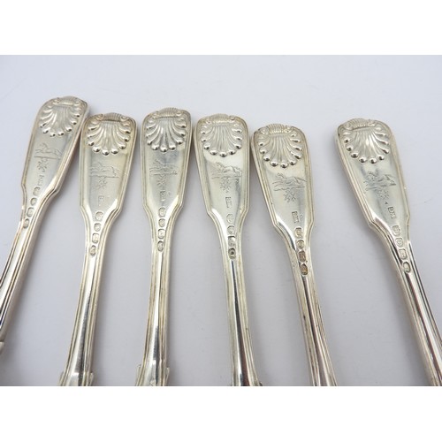 299 - GEORGE IV SET OF SIX SiLVER TABLE FORKS,, fiddle, thread and shell pattern, bearing the mark of Will... 