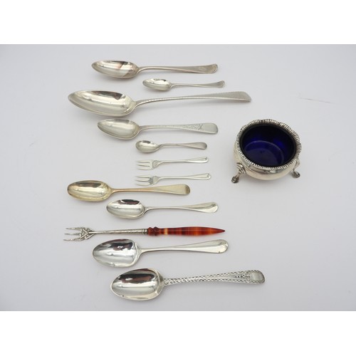 266 - A SILVER TABLESPOON, DESSERT SPOON, SIX TEASPOONS AND A SALT CELLAR, along with three small pickle f... 