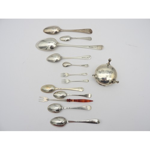 266 - A SILVER TABLESPOON, DESSERT SPOON, SIX TEASPOONS AND A SALT CELLAR, along with three small pickle f... 