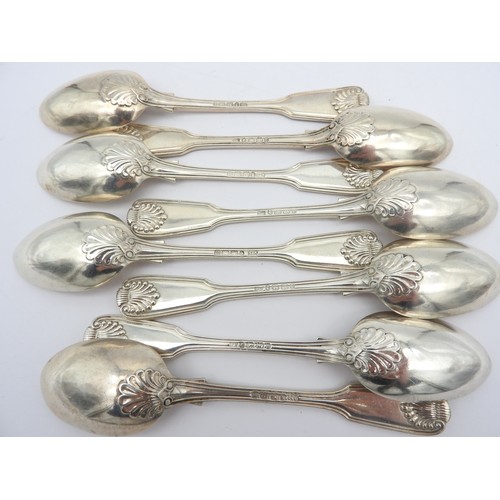 296 - A SET OF EIGHT VICTORIAN TEASPOONS, fiddle, thread and shell pattern, bearing the mark of Robert Wil... 