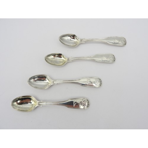 287 - A SET OF FOUR GEORGE IV SILVER EGG SPOONS, fiddle, thread and shell pattern, marked Charles Eley, Lo... 