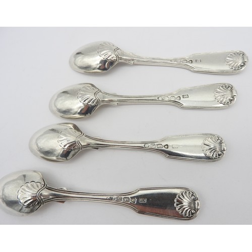 287 - A SET OF FOUR GEORGE IV SILVER EGG SPOONS, fiddle, thread and shell pattern, marked Charles Eley, Lo... 