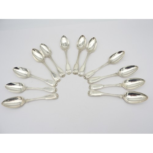 270 - A SET OF TWELVE GEORGE III SILVER DESSERT SPOONS, threaded fiddle pattern with shell decoration, mar... 