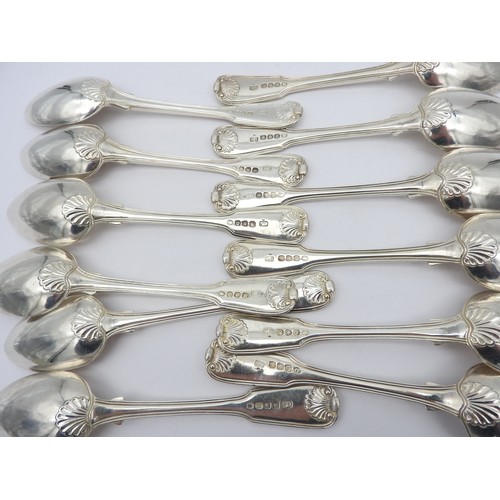 270 - A SET OF TWELVE GEORGE III SILVER DESSERT SPOONS, threaded fiddle pattern with shell decoration, mar... 