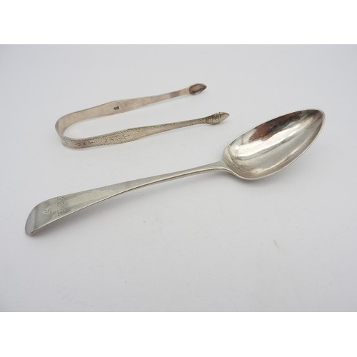 269 - A PAIR OF GEORGE III SILVER SUGAR TONGS AND A TABLESPOON, BOTH BY HESTER BATEMAN, the pair of tongs ... 