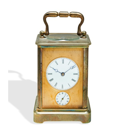 108 - A FRENCH FOUR GLASS BRASS EIGHT DAY CHIMING CARRIAGE CLOCK, EARLY 20THCENTURY, with engine decorated... 