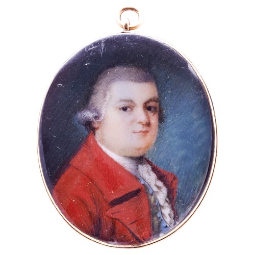 439 - A LATE 18TH CENTURY MINIATURE OVAL PORTRAIT, ENGLISH SCHOOL, of a gentleman wearing a red frock coat... 