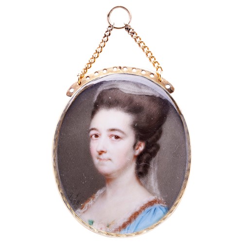 468 - A PORTRAIT MINIATURE OF A LADY BY JOHN SMART, the lady wearing a blue gown, mounted in a yellow meta... 