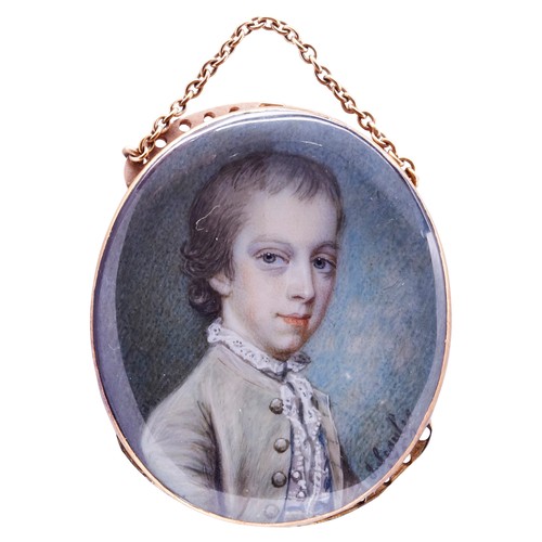 452 - A LATE 18TH CENTURY PORTRAIT MINIATURE BY JAMES SCOULER, of a young boy in a grey/green coat, in a y... 