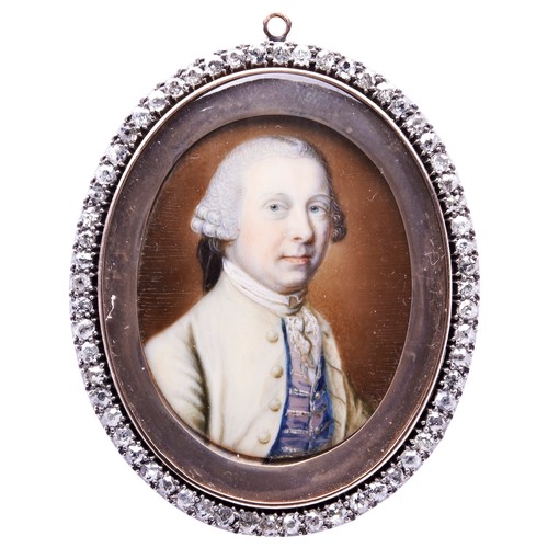 467 - AN 18TH CENTURY PORTRAIT BY JAMES SCOULER, of a gentleman wearing a powdered wig and cream jacket wi... 