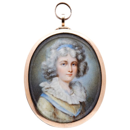 458 - A LATE 18TH CENTURY PORTRAIT MINATURE OF A LADY, with ribbon tied hair, yellow gown and large frille... 