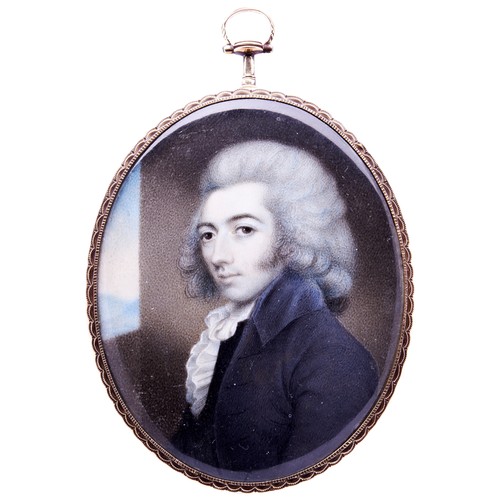 451 - ENGLISH SCHOOL, LATE 18TH CENTURY, MINIATURE PORTRAIT OF A GENTLEMAN, with large powdered wig and da... 