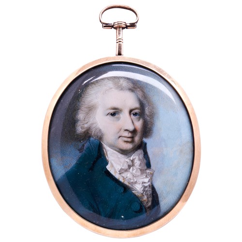 466 - ATTRIBUTED TO GEORGE ENGLEHEART, CIRCA 1790, MINIATURE PORTRAIT OF A GENTLEMAN,wearing a blue coat a... 