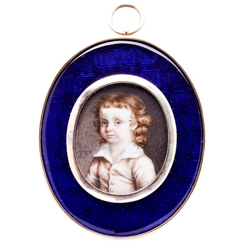 459 - THOMAS FRYE, MINIATURE PORTRAIT OF A YOUNG BOY in a yellow metalFrame with cobalt blue enameled bord... 