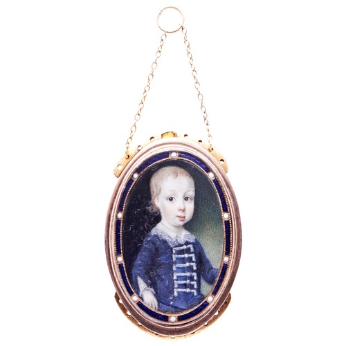 449 - IRISH SCHOOL, CIRCA 1770, PORTRAIT MINIATURE OF A YOUNG BOY in a blue coatwith lace collar set in a ... 