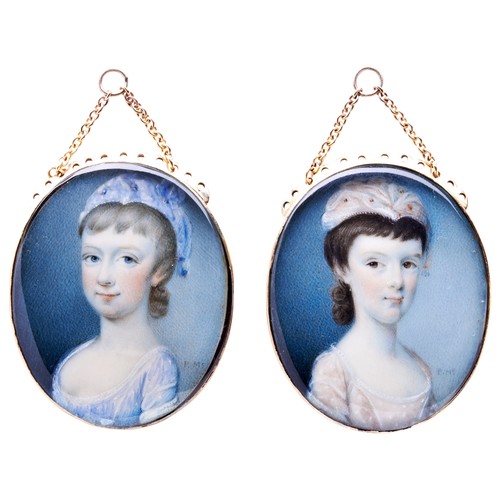 464 - PATRICK MCMORELAND, A PAIR OF PORTRAIT MINIATURES OF SISTERS CIRCA 1775, both wearing caps, set in y... 