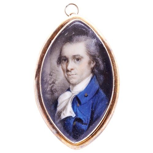 437 - IRISH SCHOOL, CIRCA 1790, PORTRAIT MINIATURE OF A SEA CAPTAIN IN A BLUE COAT with Giltbuttons, his s... 