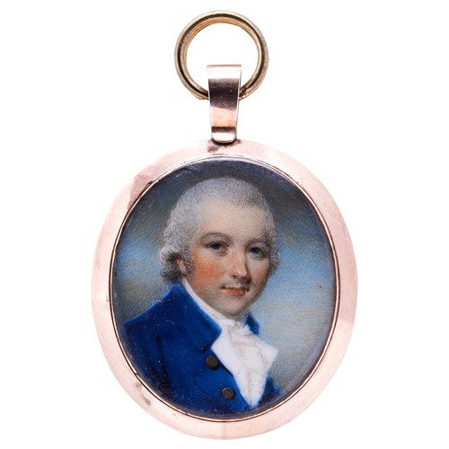 440 - ATTRIBUTED TO SAMUEL SHELLEY, PORTRAIT MINIATURE OF A GENTLEMAN IN A BLUE COAT, in a yellow metal fr... 