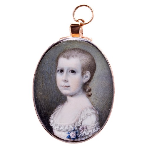 442 - ENGLISH SCHOOL, CIRCA 1790, PORTRAIT MINIATURE OF A YOUNG GIRL her dress with frilled borders, mount... 