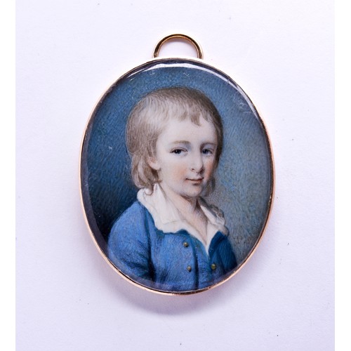 443 - PATRICK MCMORELAND, MINIATURE PORTRAIT OF A YOUNG WILLIAM MILLSin a blue jacket mounted in a yellow ... 