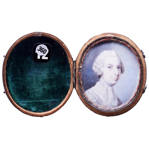 446 - ENGLISH SCHOOL, 18TH CENTURY, MINIATURE PORTRAIT OF A GENTLEMAN in a hingedfish skin case. 5.3 cmsPR... 