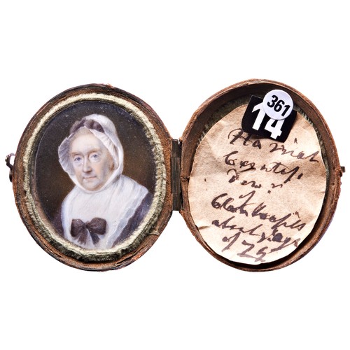 434 - BRITISH SCHOOL, PORTRAIT MINIATURE OF AN ELDERLY LADY wearing a bonnet, mounted in a hinged morocco ... 