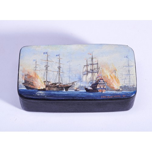 421 - COMMANDER GEOFF HUNT R.N., A PAPIER MACHE BOX the lid hand painted with a naval battle scene of Sir ... 