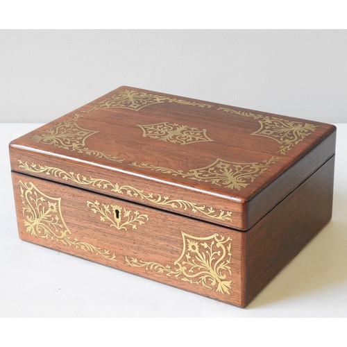 213 - AN EARLY VICTORIAN MAHOGANY BRASS INLAID SEWING BOX, CIRCA 1839, the hinged lid and front frieze pan... 