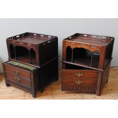 65 - AN UNUSUAL NEAR PAIR OF GEORGE III MAHOGANY NIGHT COMMODES, CIRCA 1780, both adapted as bedside cupb... 