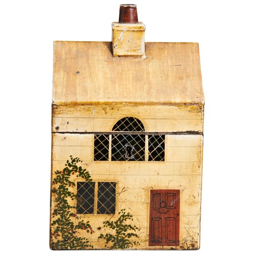 224 - AN UNUSUAL TOLE WARE TEA CADDY, EARLY 19TH CENTURY, modelled as a thatched cottage with hand painted... 