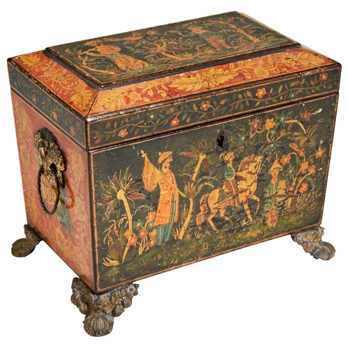 225 - A REGENCY PENWORK TEA CADDY, CIRCA 1800, of sarcophagus form, the front, back and cover panel decora... 