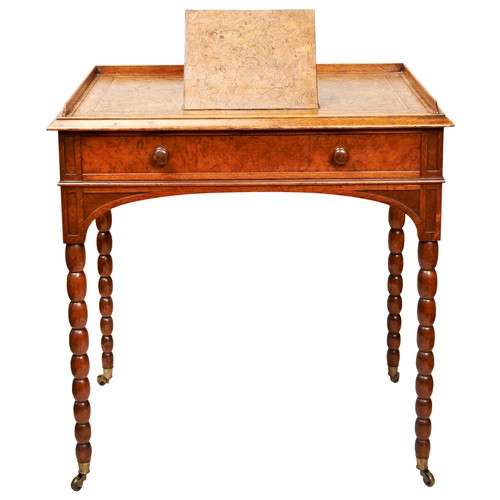 58 - A GOOD VICTORIAN POLLARDED OAK WRITING TABLE, CIRCA 1840, the 3/4 gallery top with a central ratchet... 