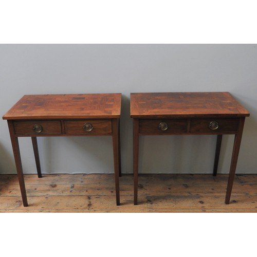 60 - A PAIR OF PADOUK SIDE TABLES, CIRCA 1810, the parquertry veneer rectangular tops above two frieze dr... 