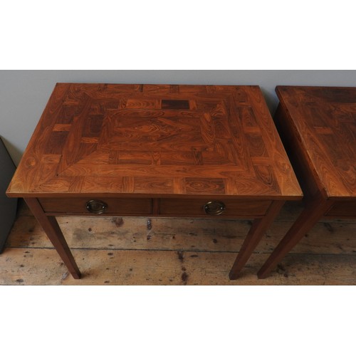 60 - A PAIR OF PADOUK SIDE TABLES, CIRCA 1810, the parquertry veneer rectangular tops above two frieze dr... 